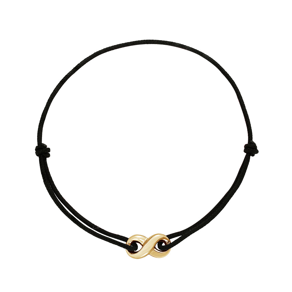 Black cord bracelet with a gold infinity symbol charm