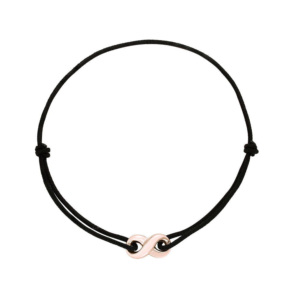 Black cord bracelet with a rose gold infinity symbol charm
