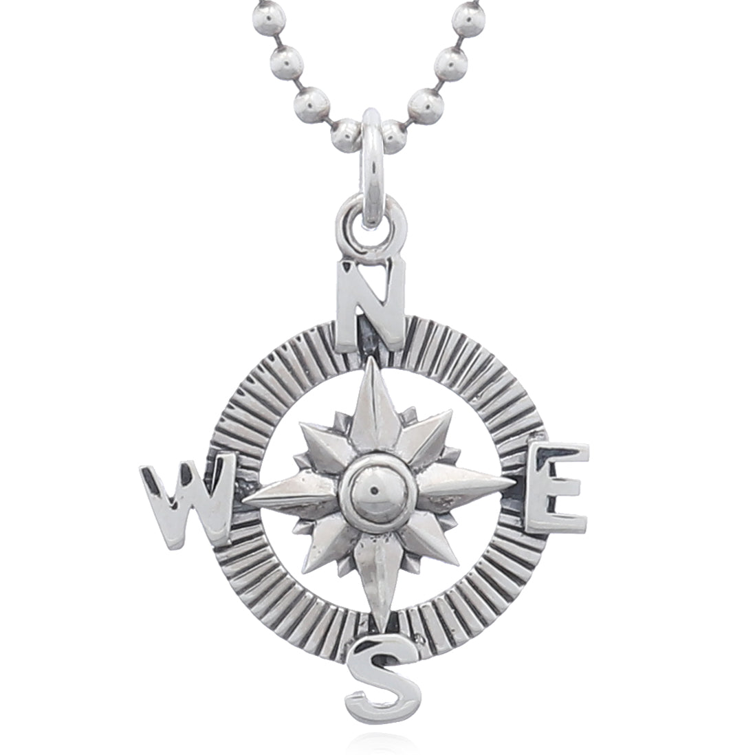 Silver compass pendant on a ball chain necklace
