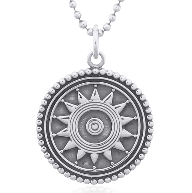 Silver pendant necklace with sun design