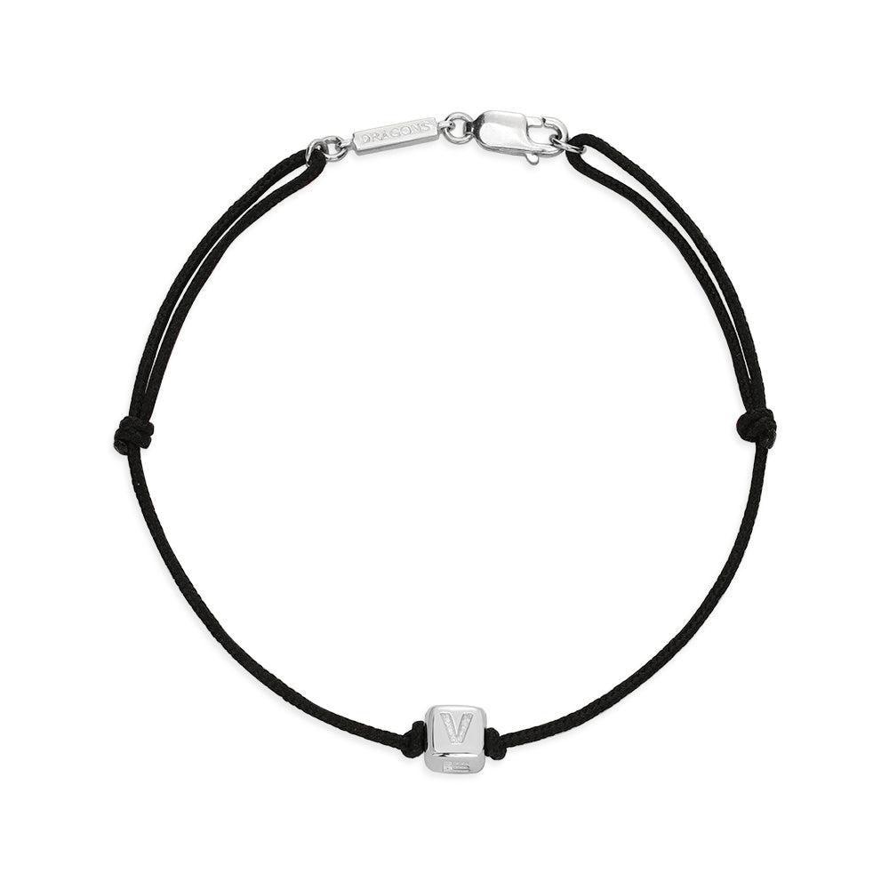 Black cord bracelet with silver clasp and square charm showing the letter V of Love.
