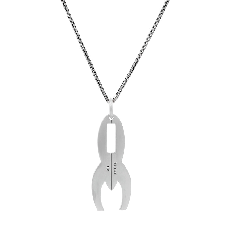 Silver necklace with a burning man style rocket pendant