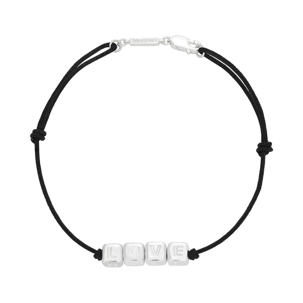 Black cord bracelet with silver 'LOVE' cube charms