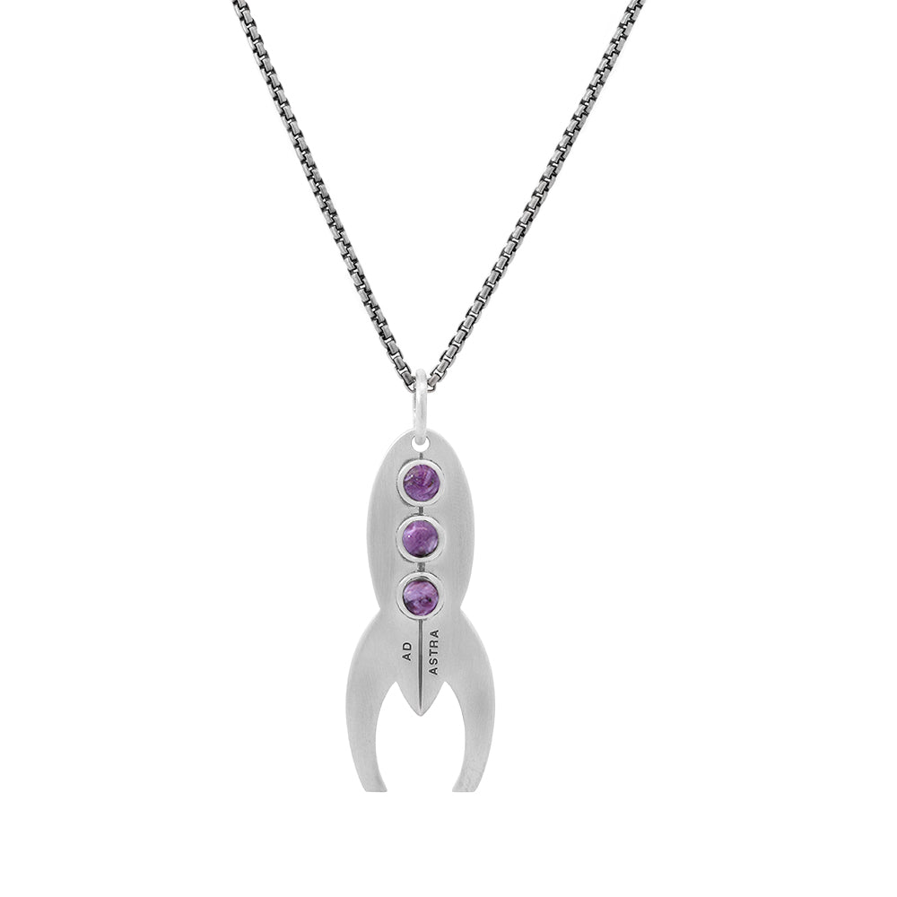 Silver necklace with a stunning rocket pendant featuring purple Charolite Stones as Windows
