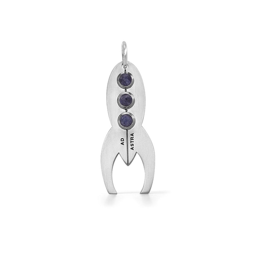Silver spaceship pendant with blue gemstones 